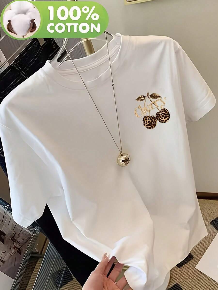 Women's 100% Cotton T-Shirt - Leopard Print And Lettering Design - Fashionable Women's T-Shirt; Loose And Comfortable; Casual Short Sleeve Crew Neck T-Shirt For Women; Soft And Breathable Women's T-Shirt For All Seasons - 白色 - 查看 1