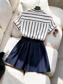 Conjunto de 2 piezas de mujer con camisa tipo cárdigan a rayas y falda de talle alto en línea A, para uso casual y de oficina, para primavera/verano - Azul marino - Ver 2