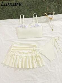 Conjunto de 3 piezas de top camiseta deportiva casual y de unicolor con shorts de natación con cordón, falda plisada con volantes, tela de estiramiento medio, traje de baño bikini para vacaciones, playa, piscina, en la playa, verano - Beis - Ver 5