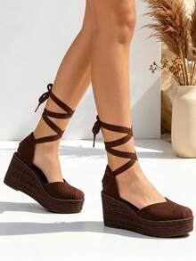 Sandali espadrillas da donna in stile bohémien con zeppa in juta e cinturini, comodi, ideali per le vacanze e il tempo libero, perfetti per il lavoro e l'estate, intrecciati con corda spessa e plateau - Castano - Visualizzare 5