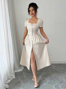 xheElenzga Vestido de manga larga de primavera/verano para mujer con cuello vuelto elegante trapezoidal, botones en la cintura, falda en línea A con pliegues y bajo con aberturaxhe - Albaricoque - Ver 5