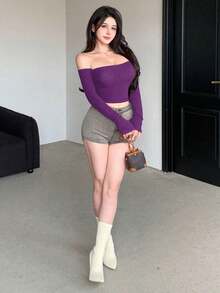 Camiseta ajustada de mujer con hombros descubiertos, blusas de mujer de manga larga para otoño - Morado - Ver 7
