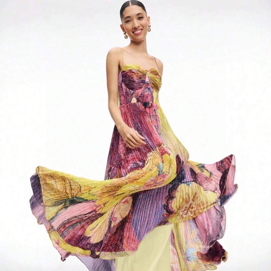 Vestido de noche nuevo para mujer, tirantes sin tirantes tipo bustier con estampado floral, pliegues y cintura marcada - Dorado - Ver 1