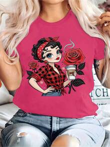Talla Grande - Talla Grande - Estampado Retro de Cuadros con Rosas y Café, Código Estándar con Estampado de Letras, Top Versátil y Moderno de Cuello Redondo, Manga Corta, Moda Talla Grande, Top Casual de Cuello Redondo, Ajuste Holgado 0 5XL, Lavable a Máquina, Ajuste Cómodo, Manga Corta - Rosa roja - Ver 6