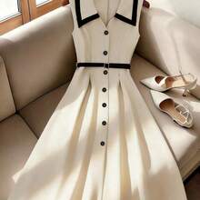 Nana's Women's Clothing Store  Vestido midi elegante y retro de mujer con cintura ajustada, cuello de solapa y botones, color albaricoque/negro, para uso diario y formal, primavera/verano - Multicolor - Ver 4