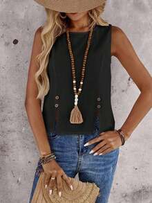 Camisa de mujer de unicolor con botones delanteros y dobladillo con abertura, versátil para vacaciones de verano - Negro 2 - Ver 7