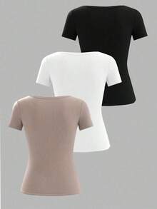 Set de 3 camisetas casuales de manga corta y cuello redondo de corte slim para mujer - Multicolor 6 - Ver 2