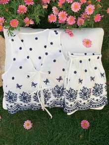 Conjunto casual de 2 piezas de top corto sin mangas con cordones delanteros y shorts para mujer en beige - Blanco - Ver 7