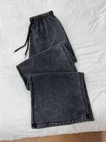 Pantalones de chándal de pierna recta y cintura baja para mujer, apropiados para el verano, con efecto lavado - Negro - Ver 5