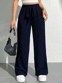 PETITE Pantalones anchos largos para mujeres, en unicolor, cintura alta con cinturón para un estilo suelto - Azul marino - Ver 7