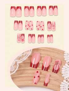 Bộ 24 móng tay giả acrylic vuông cỡ trung bình kiểu Pháp, móng giả hình trái tim màu đỏ Y2K, thích hợp cho các tiệm làm móng, các bạn nữ tuổi teen và phụ nữ sử dụng hàng ngày và trang trí tiệc tùng, bộ quà tặng dụng cụ làm móng - Nhiều màu - Xem 2