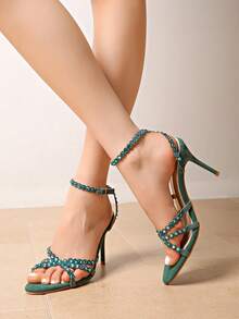 2025 New Black Rivet Decor High Heel Sandals, Elegant Versatile Pointed Toe Mules For Women - Green - View 4