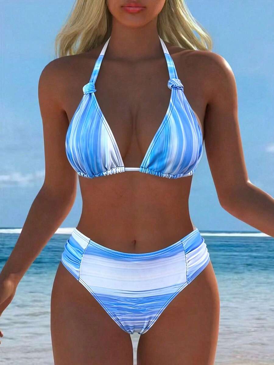 Bộ bikini nữ gợi cảm màu gradient hở lưng buộc trước xẻ tà, phong cách đi biển/nghỉ lễ du lịch mùa hè - Màu xanh chuyển sắc - Xem 1