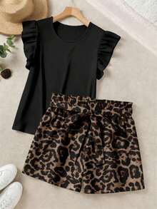 2026 LUNE 2 Piece Set Elegant Solid Color Ruffle Top And Printed Shorts, For Summer - Multicolor 5 - View 1