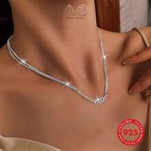 925 Silver Elegant Vintage Geometric Cubic Zirconia Pendant Necklace, Asymmetric Chain Design, Suitable For Daily, Party, Holiday, Gift - Silver - View 7