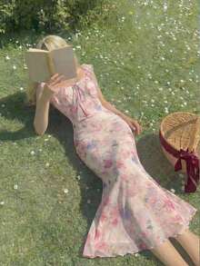 MOD Vestido de verano con estampado floral elegante y bajo de cola de pez para mujer - Multicolor - Ver 1