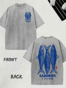 Men's Oversized Vintage Washed Graphic Sardine Print T-Shirt Retro California Coastal Elements Short Sleeve Round Neck Casual Summer Streetwear Loose Fit Comfortable Breathable Tee - Kích cỡ - Xem 6