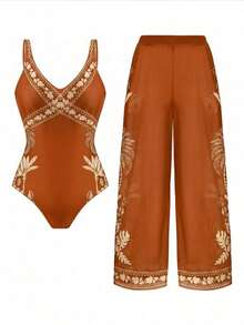 Swim Oasis Traje de baño de una pieza sexy con estampado floral para mujer, adecuado para la playa, citas, fiestas, primavera/verano, resort de moda de alta gama - Naranja - Ver 3