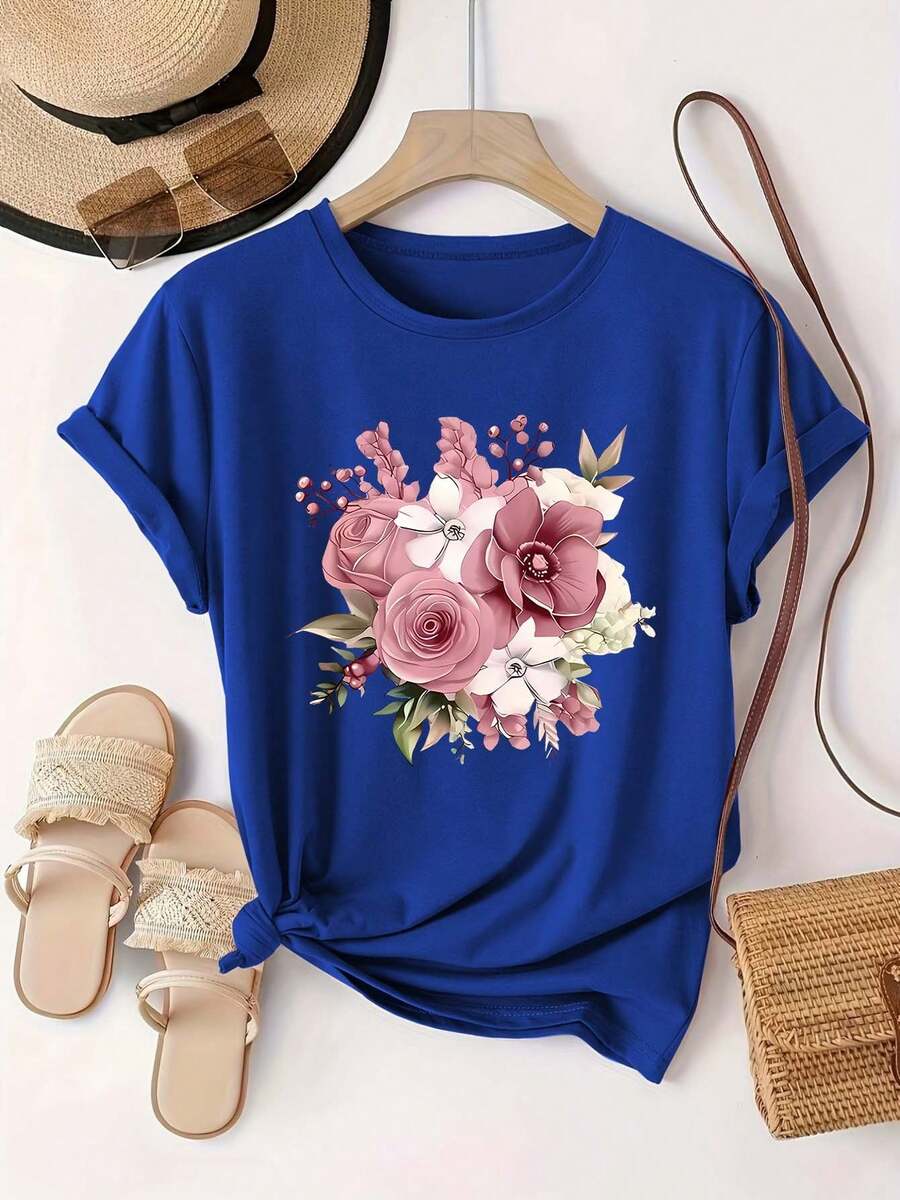 Plus Size - Plus Size - 0-8XL Plus Size Casual Fashion Printed T-Shirt Women's Clothing, Modern Base Layer Daily Outing Casual Wear For All Seasons Short Sleeve T-Shirt Multicolor Optional Women's Soft Pink Floral Anime T-Shirt - Pastel Pink Blouse - 皇家藍 - 查看 1
