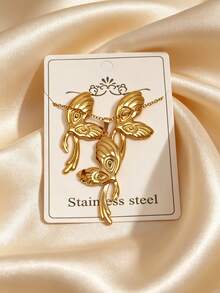 1 Set Romantic Stainless Steel Pendant Earrings Necklace Jewelry Set, Minimalist Elegant, Suitable For Gifting Friends/Family, Vacation, Party, Dinner Date - Gold - View 4