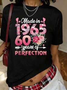 Made In 1965, Birthday Gifts For Women Turning 60, Floral Print T-Shirt, Short Sleeve, Round Neck, Casual Top For Summer And Spring, Plus Size Clothing For Women - 黑色 - 查看 7