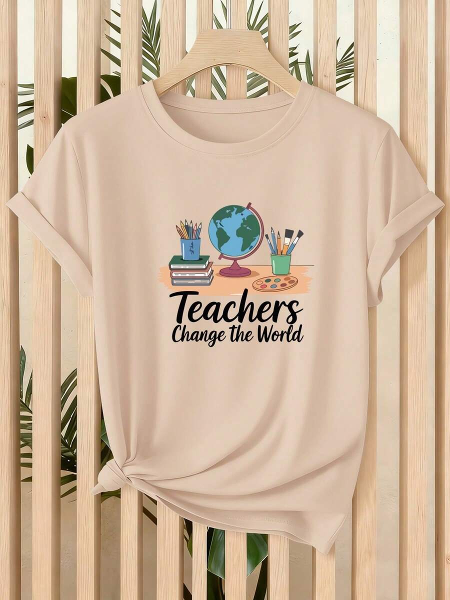 Women's Casual Blouse, New Summer Short-Sleeved T-Shirt For Women With Educational Print Of Earth And Stationery-Related Themes, Suitable For Home, Office And Travel, Versatile Top, Cotton T-Shirts For Women. - 杏色 - 查看 1