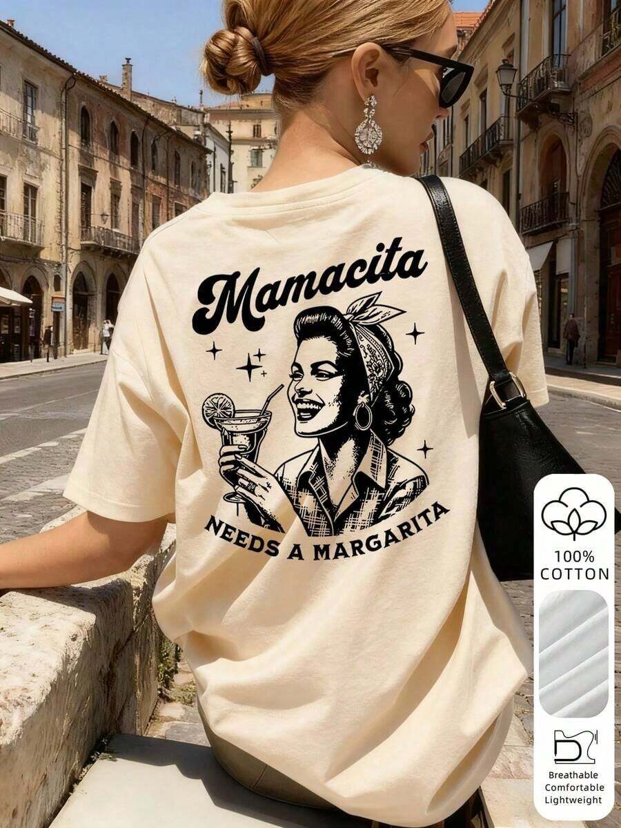 Camiseta gráfica retro estadounidense "Mamacita Needs A Margarita" para mujer, 100% algodón de tela suave y transpirable, corte holgado, estilo casual de vacaciones de manga corta, adecuada para salidas con amigos, viajes a la playa, fiestas temáticas, transporte diario en verano - Albaricoque 2 - Ver 1
