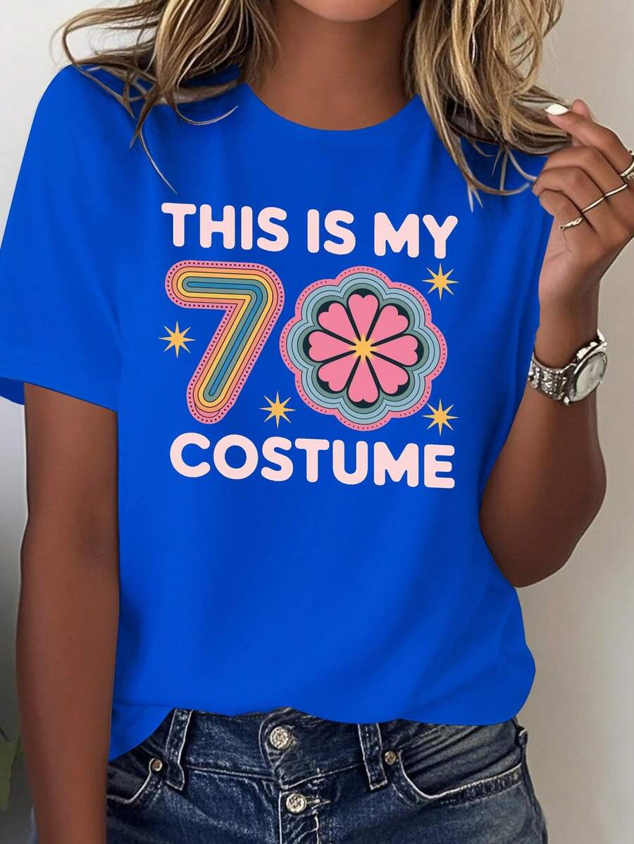 Women's Vintage 70s T-Shirt - Authentic Retro Disco Party Outfit, Printed With The Slogan "This Is My Outfit", Floral And Star Designs, Suitable For Theme Parties And Everyday Casual Wear. - 藍色 - 查看 1