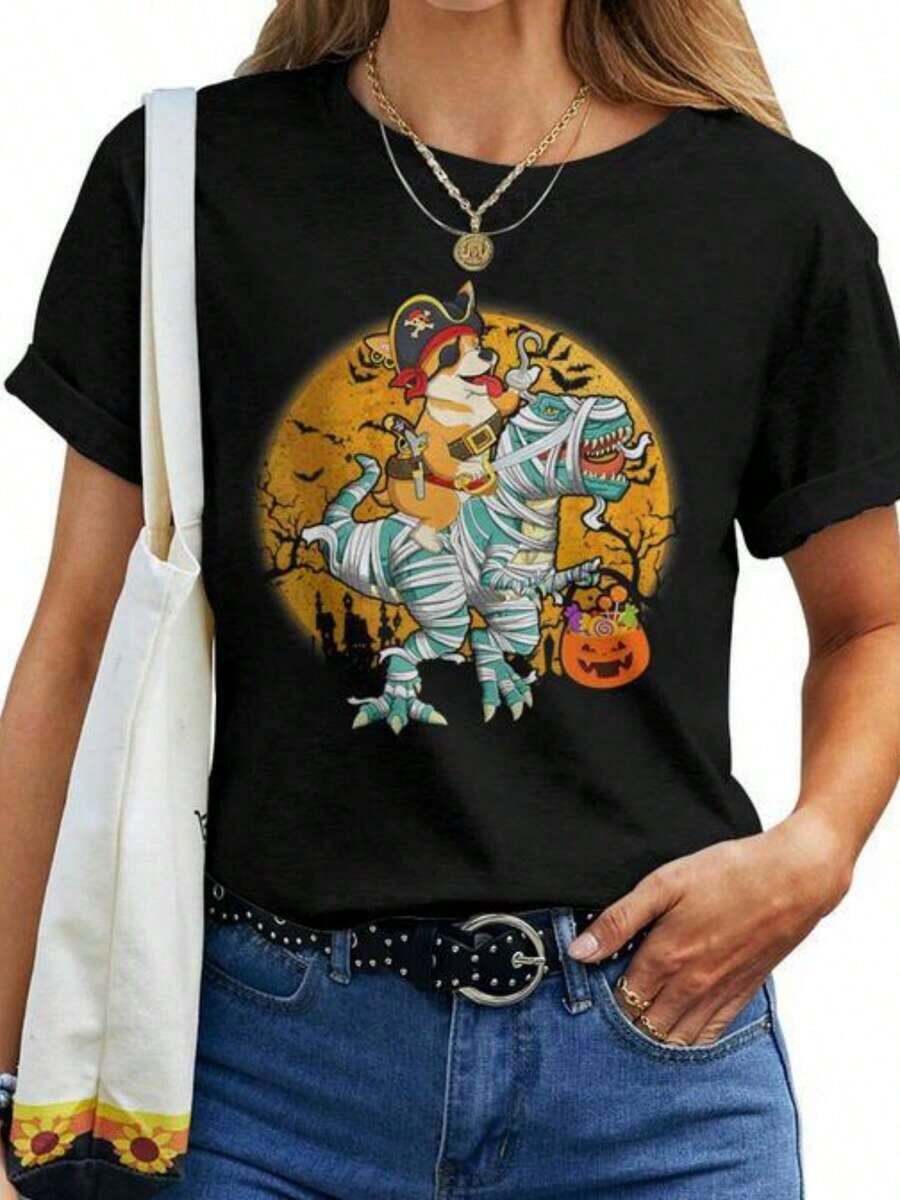 Camiseta de Halloween para Niños y Mujeres con Diseño de Corgi Montando en Dinosaurio, Momia, Calabaza y T-Rex. Camiseta casual para mujeres. - Negro - View 1