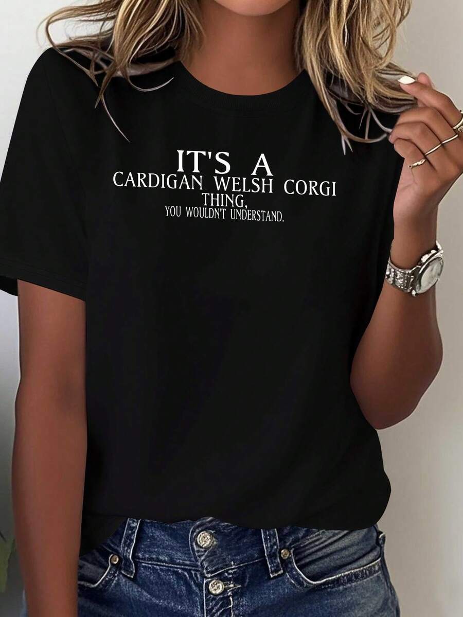Camiseta Casual para Mujer - Diseño "Es un Cardigan Welsh Corgi, no lo entenderías", mangas cortas, cuello redondo, ligera y transpirable, adecuada para uso casual. | Camiseta con Estampado Divertido | Blusa casual cómoda y bien ajustada para mujer - Negro - Ver 1