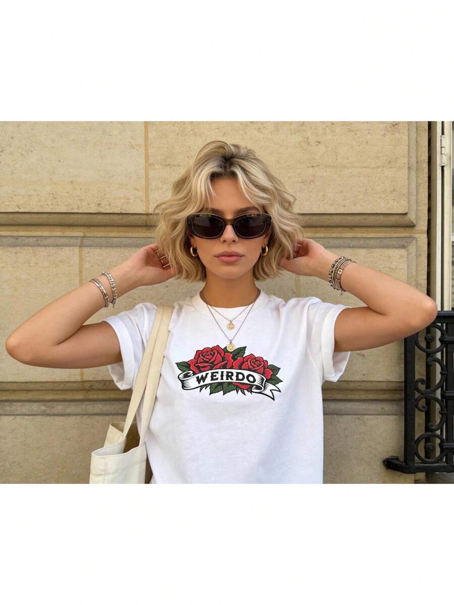 Camiseta de mujer, camiseta retro con estampado de rosa antigua - Camiseta con estampado de pancarta WEIRDO, estilo gótico punk retro, top estilo pintura de tinta tradicional, diseño de cuello redondo, adecuada para uso diario, top estilo punk lavable a máquina XZ2V - Blanco - Ver 1
