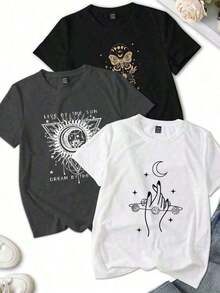Conjunto de 3 piezas de camiseta casual de manga corta con cuello redondo y estampado de fe/cósmico, talla grande para mujer, para el veranonacional envio mujer,blusas para mujer>manga largo - Blanco - Ver 8