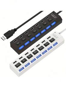 huaxunyuan 7-Port USB Hub With Individual Switches - High Speed USB 2.0 Splitter With LED Indicators, Plug And Play Multi-Port Adapter For Computers, Laptops, Desktops, Office, Home, Gaming Accessories - Multicolor - View 1