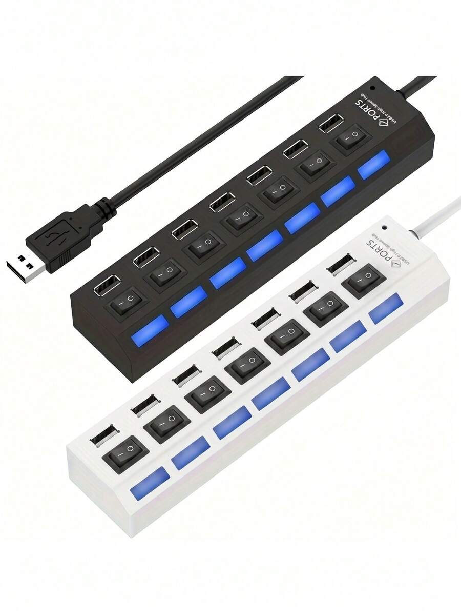 huaxunyuan 7-Port USB Hub With Individual Switches - High Speed USB 2.0 Splitter With LED Indicators, Plug And Play Multi-Port Adapter For Computers, Laptops, Desktops, Office, Home, Gaming Accessories - Multicolor - View 1