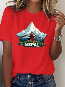 Cómoda camiseta de mujer de color sólido, estampada con escenas de las montañas y templos de Nepal. - Rojo - Ver 1