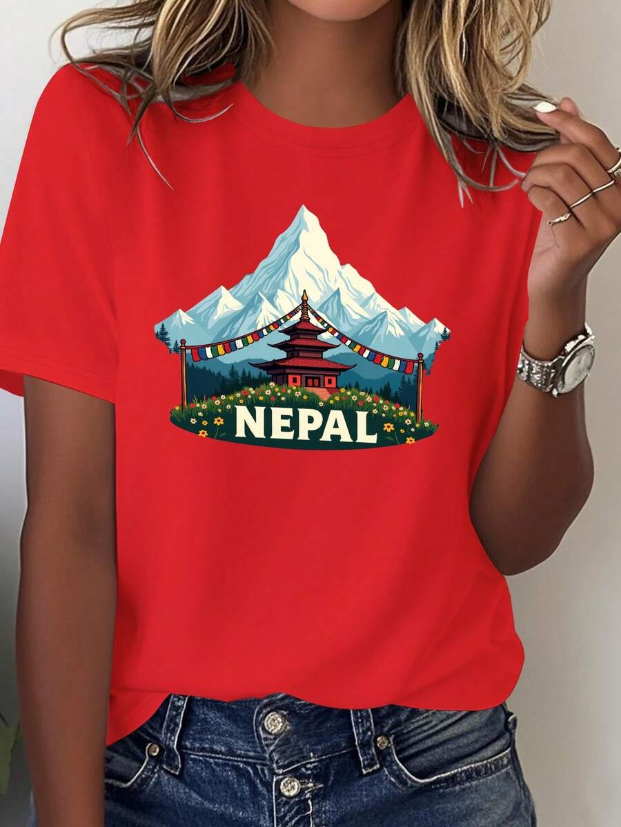 Cómoda camiseta de mujer de color sólido, estampada con escenas de las montañas y templos de Nepal. - Rojo - Ver 1