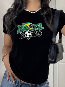 Women's T-Shirt With A Green And Yellow Map Print Of Brazil Celebrating The Year 2026 With An Iconic Soccer Ball, A Symbol Of Sporting Passion That Represents Unity And National Pride For Fans Who Want To Show Their Support For The Brazilian Team In This Global Event. - 黑色 - 查看 8