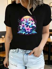 Breathable Women's Printed Short Sleeve Summer T-Shirt, Modern And Casual, Machine Washable, Comfortable Fit, 2D Flat Print, Elegant Blouses For Women, Women's Sportswear. - 黑色 2 - 查看 7