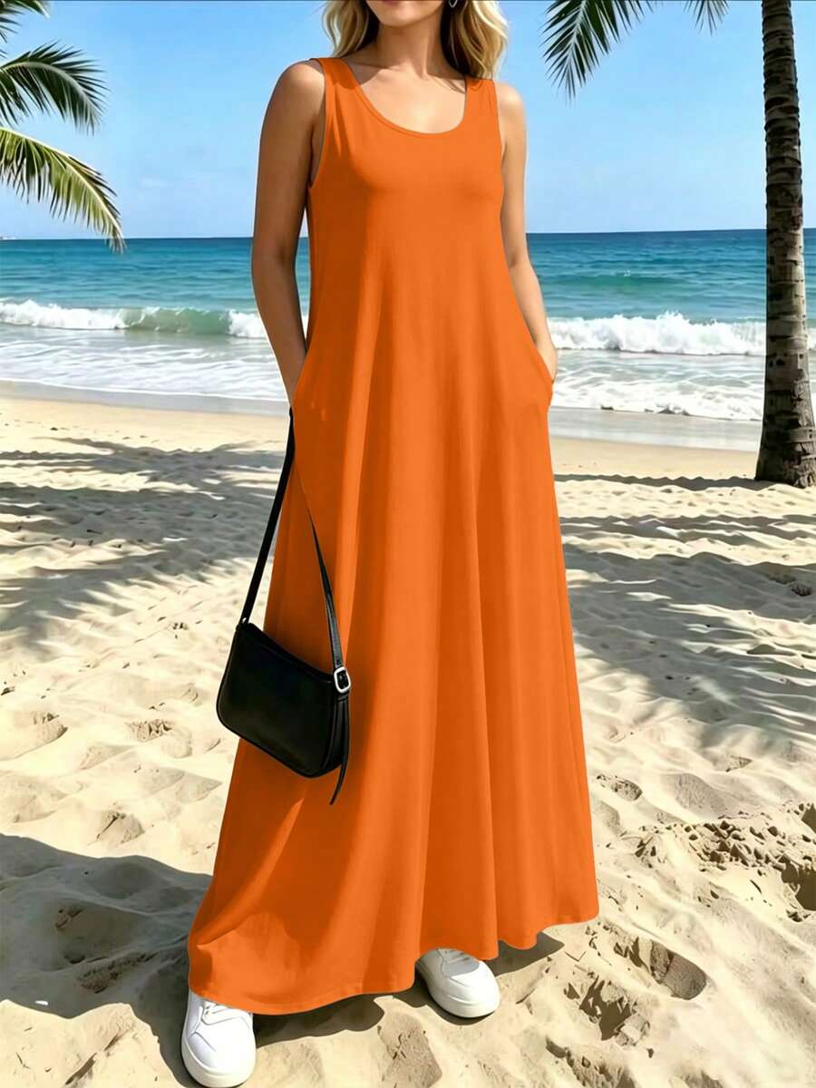 Plus Size Women's Casual Elegant Sleeveless Dress With Pockets, Loose Fit Slimming, Suitable For Daily Commute And Summer Vacation - Orange - View 1