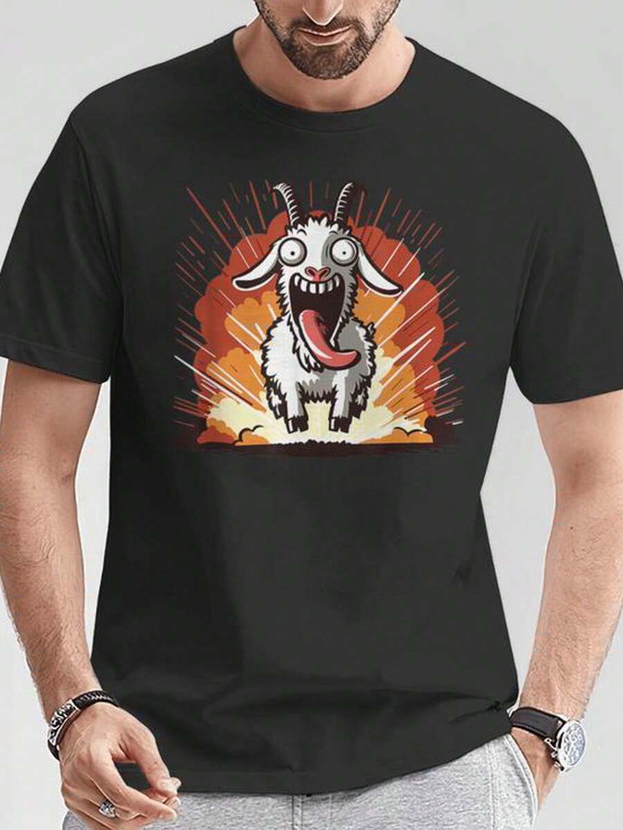 Men's T-Shirt With A Chaotic Goat Simulator Design, Made From 100% Pure Cotton. This Breathable And Casual Sports T-Shirt Has A Crew Neck And Short Sleeves, Making It Perfect For Summer And A Great Holiday Gift. - 黑色 - 查看 1