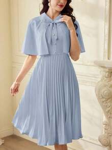 Conjunto elegante vintage clásico de 2 piezas para mujer con capa y mantón de primavera y verano, y vestido con cuello plisado en beige para vacaciones, atuendos de verano para mujer, atuendos casuales de negocios para mujer, atuendos de primavera para mujer, atuendos de profesora para mujer, atuendos de festival para mujer, vestido de Pascua para mujer, ropa de mujer para vacaciones tropicales, vestidos blancos para mujer, vestidos de cumpleaños para mujer, conjuntos de 2 piezas, ropa de iglesia para señoras, vestido de graduación para mujer - Celeste - Ver 6