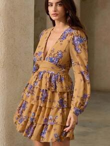 Aveloria Revavyn Vestido de manga larga con estampado aleatorio de moda para mujer, atuendo de vacaciones - Marrón - Ver 2