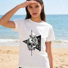 Women's Cotton T-Shirts, Unisex Vintage Summer T-Shirts, Round Neck, Short Sleeve, Fun Graphic Print Of Skulls And Roses, Gothic Punk Style, Urban Clothing For Men And Women - 白色 - 查看 3