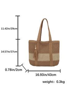 Damen Handtaschen & Shopper, große zweifarbige Schultertasche mit gewebter Textur, Papierseil-Gewebe mit breiten Trägern & Perlen-Quaste, extra große Kapazität Urlaubs-Stil Tasche für Damen für Sommer Strand & Reisen - Braun - Übersicht 4