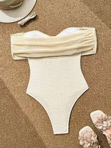 Glamour Nuevo traje de baño de una pieza con hombros descubiertos, espalda descubierta y decoración de estrella de mar metálica para mujer, de tela con textura de burbujas, para primavera/verano, en playas y resorts - Albaricoque - Ver 4