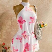 Soqi Women's Clothing  Vestido mini con estampado floral sin espalda y cuello halter para vacaciones casual de mujer - Rosa - Ver 7