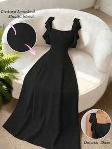 Vestido elegante minimalista de alta gama para mujer, adecuado para uso diario, fiestas, banquetes y meriendas, con diseño de dobladillo con volantes y vestido de línea A con cintura roja - Negro - Ver 1