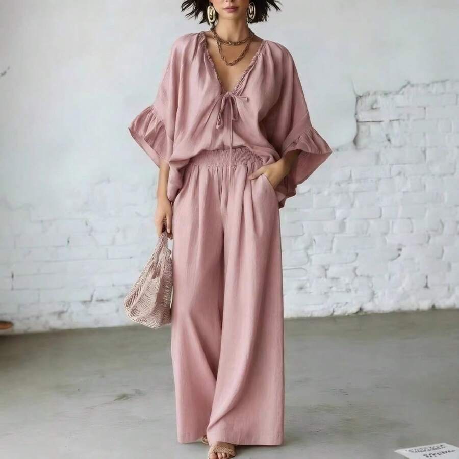 Conjunto de dos piezas nuevo de verano, casual para vacaciones, lino holgado, cuello en V y pantalones de pierna ancha - Rosa - Ver 1