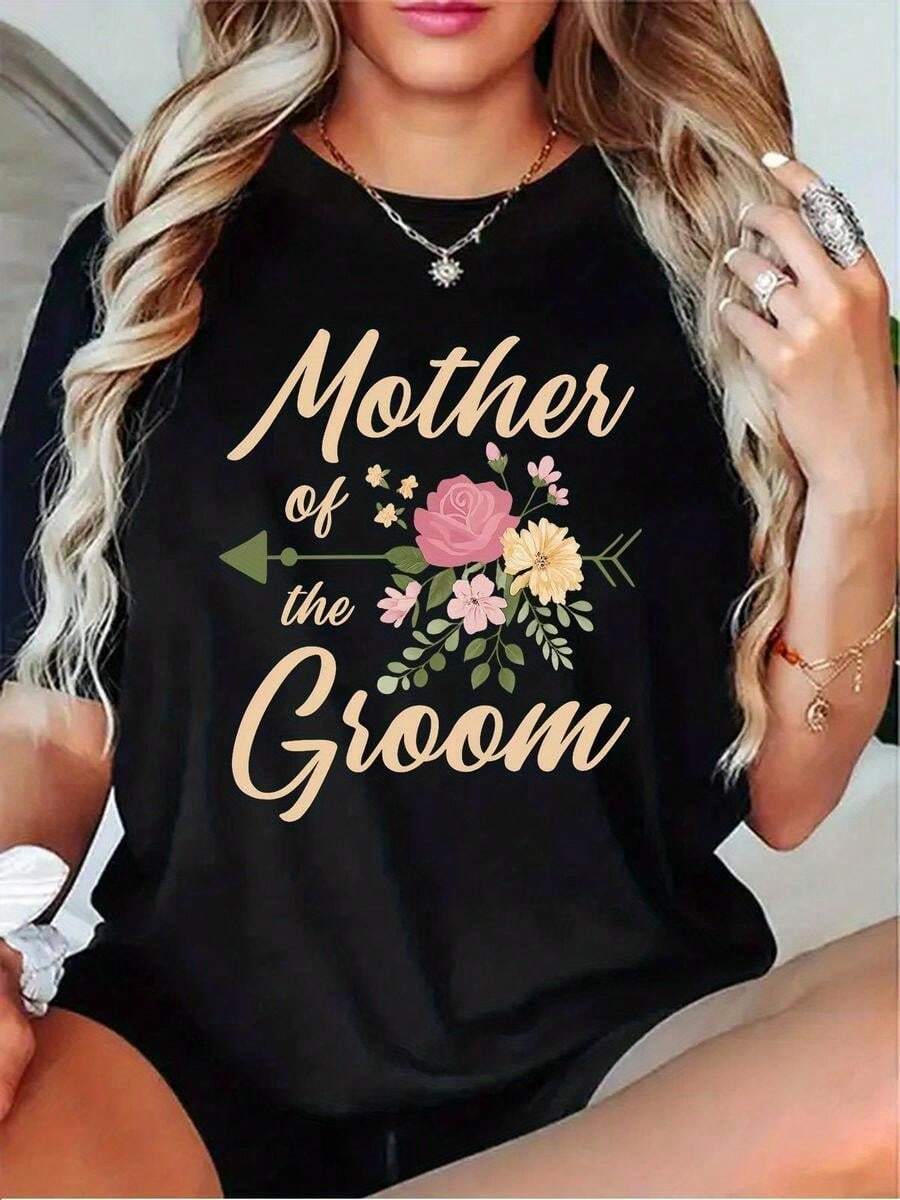 1 pieza de playera para hombre y mujer, 100% algodón puro, cuello redondo casual con estampado, manga corta transpirable para uso diario, dise?o floral y letras manuscritas en estilo femenino - Negro - Ver 1