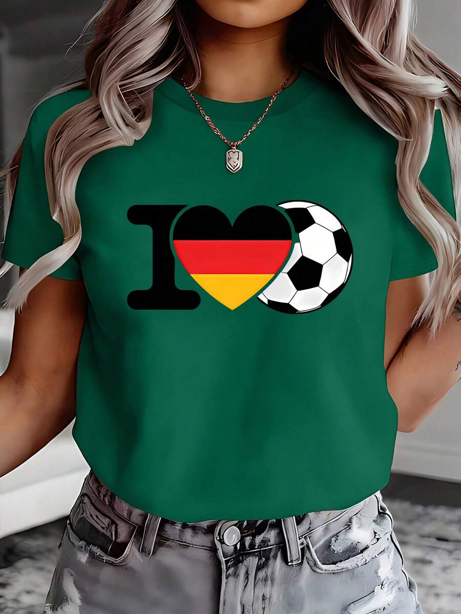 Women's T-Shirt With German Flag And Football Design - Germany National Team, Round Neck, Short Sleeve, Ideal For Events And Casual Wear - Garment Of German Pride - 深綠色 - 查看 1